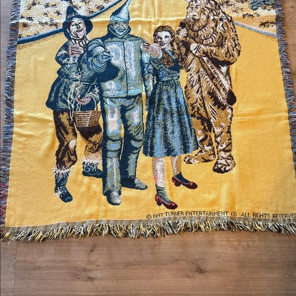 Vintage 1993 Turner Wizard of Oz Woven Tapestry Throw Blanket Yellow Brick Road